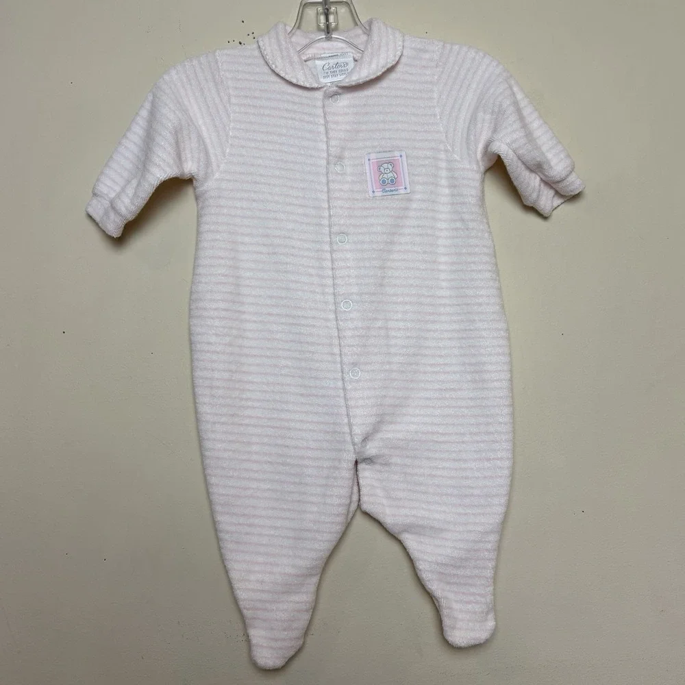 VTG Carter's Bear 90s Pink Striped Terry Sleeper Baby One Piece Size 0-3 Months